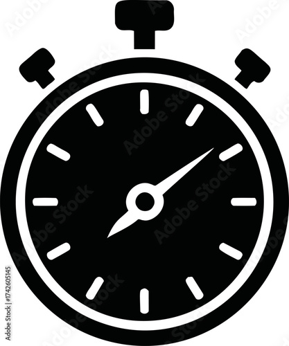 Stopwatch vector icon, bold black silhouette, minimal analog timer face — stock vector