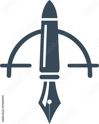 Fountain pen combined with crossbow icon, vector minimal style, creative concept — stock vector