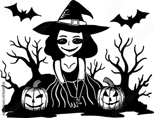 Halloween, cute witch with pumpkins, bats, black and white drawing