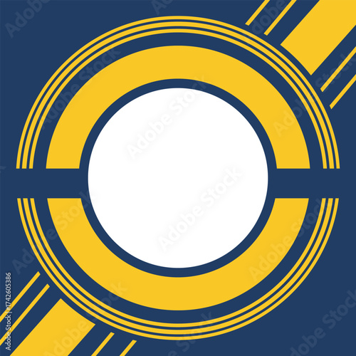 Concentric circles stripes in yellow and navy blue abstract design, Abstract geometric design with concentric yellow circles and dark blue background, featuring diagonal stripes for a dynamic feel.