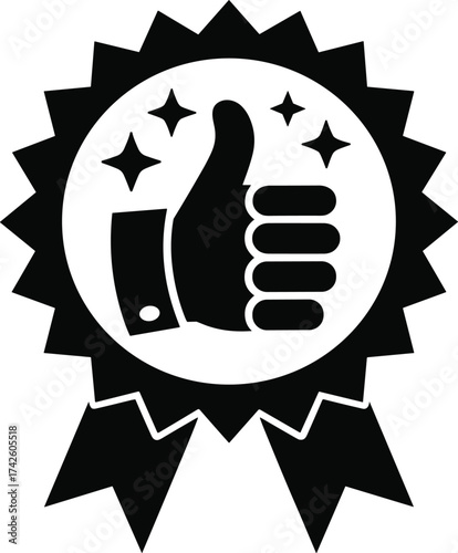 Black thumbs up award ribbon with stars and sparkles gesture