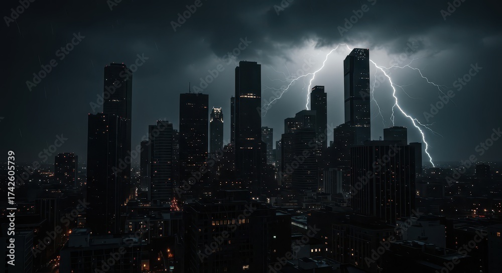 Fototapeta premium Dark, moody cityscape showcasing a dramatic lightning strike illuminating the silhouettes of towering skyscrapers under a stormy sky at twilight.