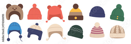 Winter hats set featuring modern wool caps and knitted beanies, stylish warm head accessories designed for cold weather, cozy woolen knitwear in trendy fashion, flat vector illustrations