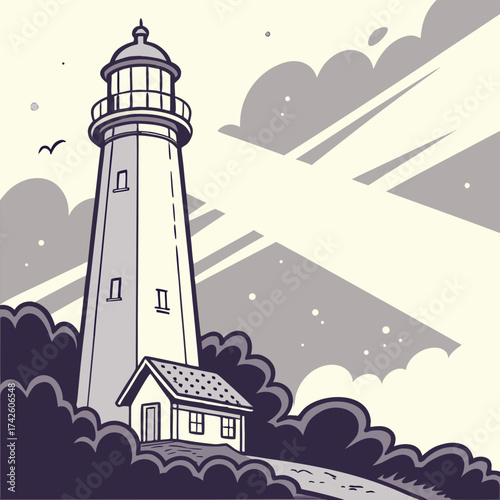 A lone white lighthouse tower stands as a navigation beacon on the dark coast against the blue night sky