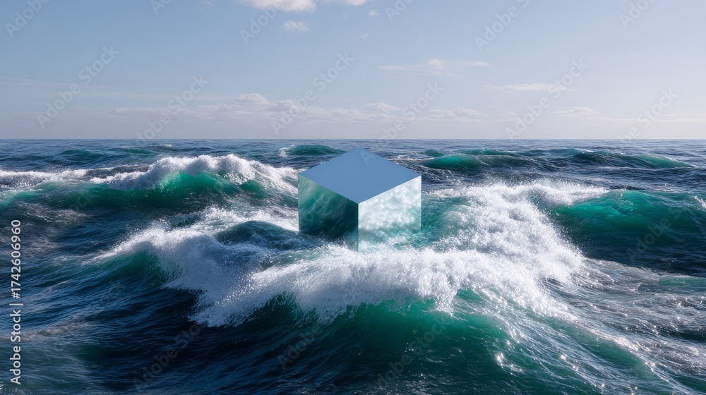 Fototapeta premium Floating cube amidst ocean waves under clear sky