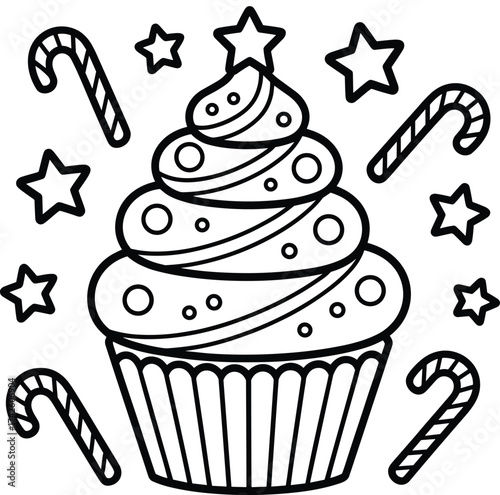 Black and white outline of a cupcake with candy canes and stars icing frosting