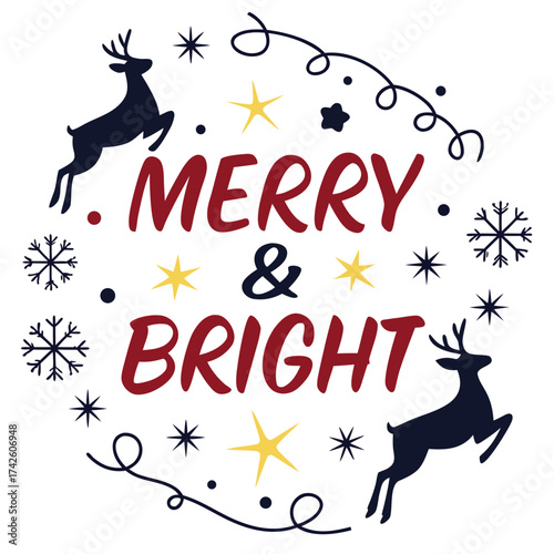 Vector silhouette deer and reindeer with snowflake pattern decoration for a merry winter Christmas holiday greeting card design and new year celebration