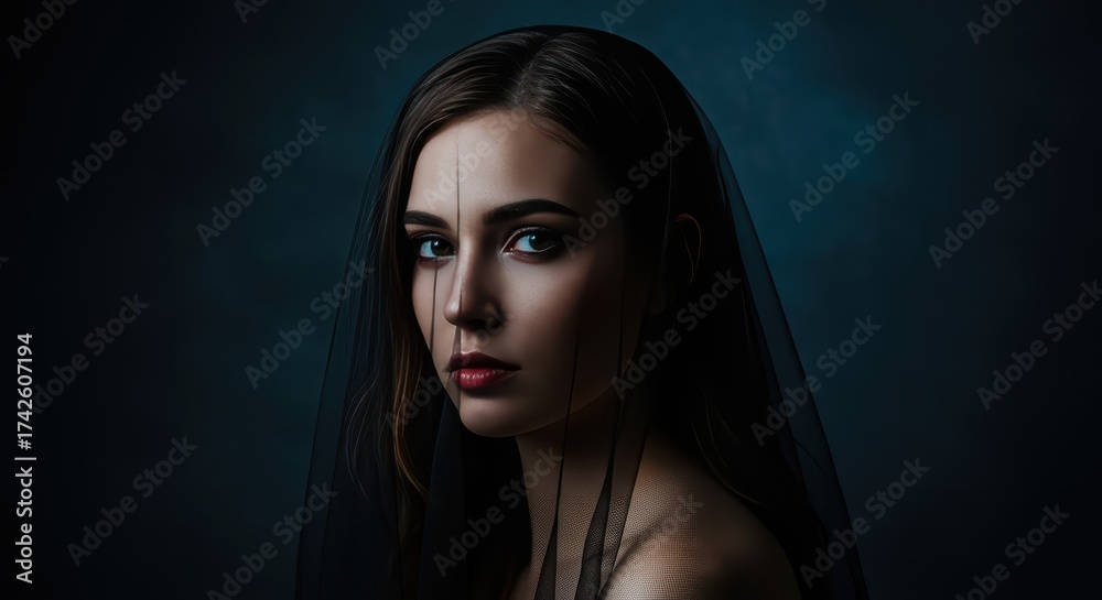 Fototapeta premium Portrait of a woman veiled in dark, flowing fabric, gazing towards the viewer with a direct and captivating stare, set against a moody blue backdrop, creating a sense of mystery and depth with soft...