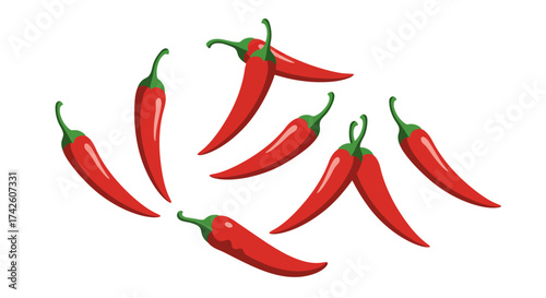 Group of Red Chili Peppers with Green Stems Illustration.