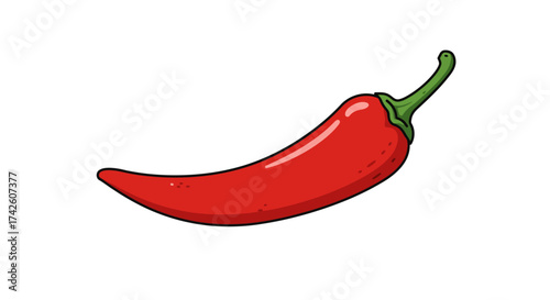 Cartoon Red Chili Pepper with Green Stem and Black Outline.