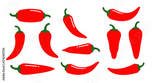 Collection of Stylized Red Chili Peppers with Green Stems.