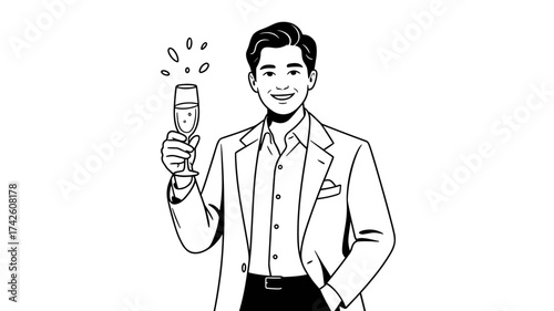 Dapper man raising a toast with champagne, celebrating success with style, vector art for upscale events and advertising, joyful occasion