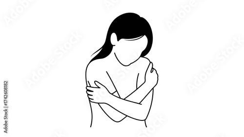 Vulnerable woman embracing herself for comfort, conveying emotional sensitivity and strength in this expressive minimalist line art design