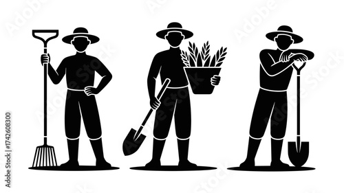 Farmers with gardening tools for agriculture jobs and harvest, vector illustration of farm workers in various poses and with different equipment
