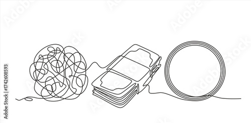 Chaos and Paper money minimalist concept vector illustration. Metaphor of disorganized difficult problem, mess with black single continuous tangle thread in need of unraveling. Hand drawn	