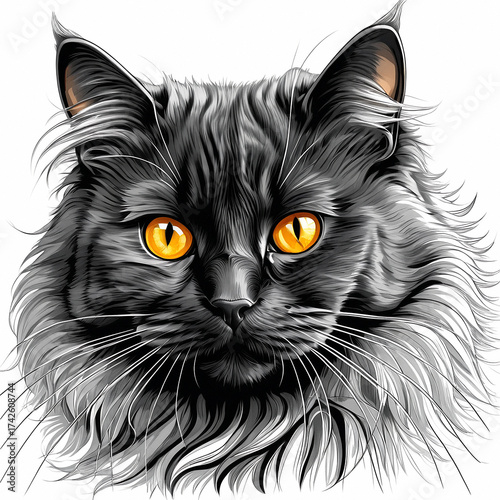 Black fluffy cat with bright orange eyes in an artistic illustration