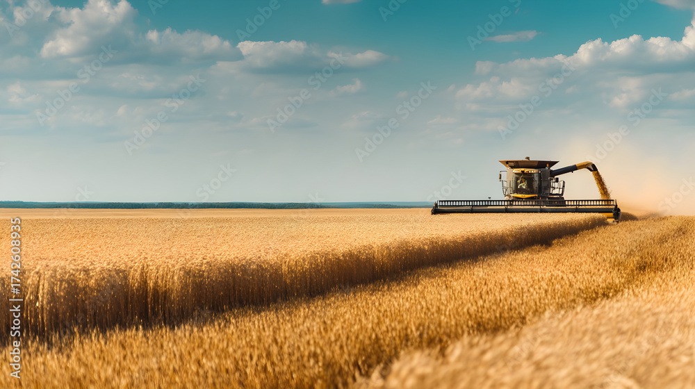 Fototapeta premium Combine harvester working in golden wheat field harvesting crop