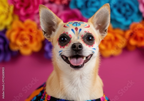 Smiling chihuahua dog with intricate sugar skull makeup for Day of the Dead celebration. Dia de los Muertos pet costume art for greeting card and party or festive holiday pet event.