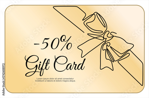 Gift card with bow., continuous one line drawing style, vector design. Gold Gift card template for voucher coupon, shopping card, loyalty card. Editable line. Hand drawn one line vector.	