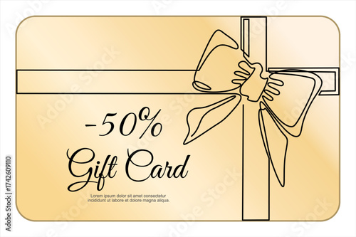 Gift card with bow., continuous one line drawing style, vector design. Gold Gift card template for voucher coupon, shopping card, loyalty card. Editable line. Hand drawn one line vector.	