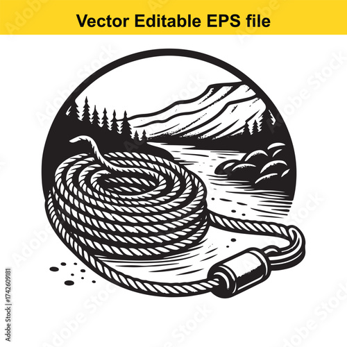 Vector art of coiled rope with carabiner near river and mountains, vector illustration