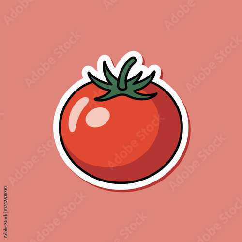 A vibrant sticker illustration showcases a ripe tomato with a glossy surface, set against a soft pink background, perfect for adding a touch of freshness to any design
