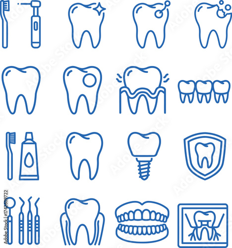 Collection of dental icons illustrating oral hygiene and treatments