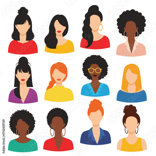 A diverse collection of stylized female avatars representing different ethnicities hairstyles and clothing.