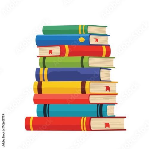 A vibrant stack of colorful books representing diverse genres and stories for learning and enjoyment.