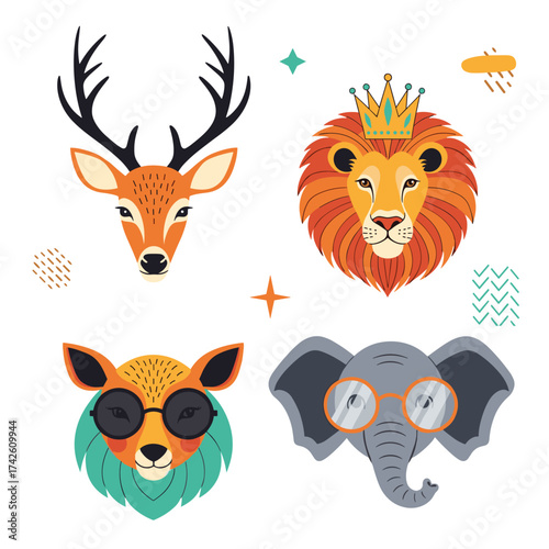 A vibrant collection of stylized animal portraits featuring a majestic deer a regal lion a cool fox and an intelligent elephant.