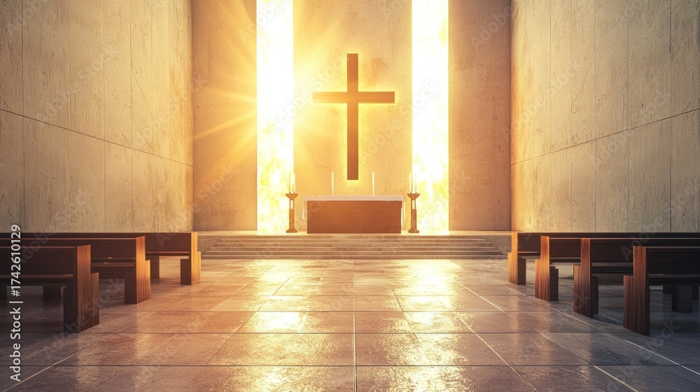 Naklejka premium A serene, minimalist church interior with a wooden altar and cross, illuminated by a bright light source, creating a warm and spiritual atmosphere.