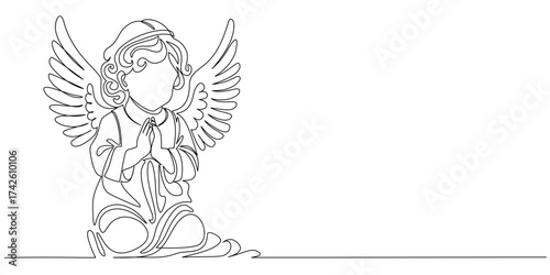Kneeling angel line art vector illustration