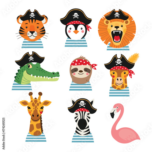 A collection of cute cartoon pirate animals in striped shirts ready for adventure.