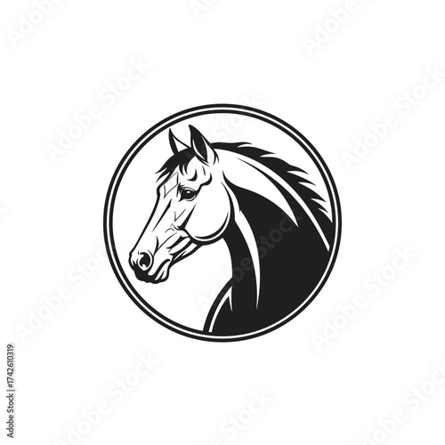 A striking black and white circular logo featuring the profile of a horse's head.
