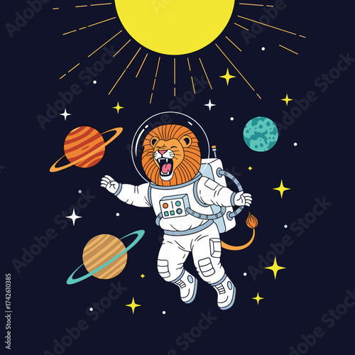 Astronaut lion exploring the vast and starry galaxy on an exciting space adventure.