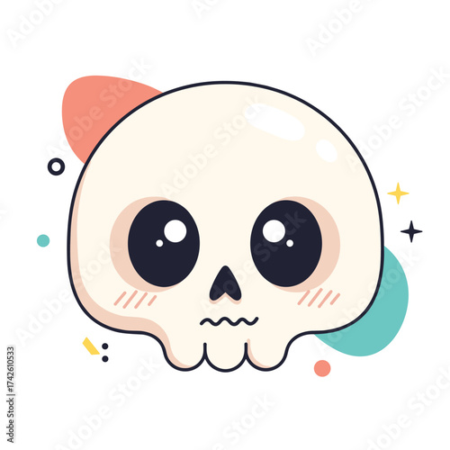 A kawaii cartoon skull with big expressive eyes and blushing cheeks is depicted against a backdrop of colorful abstract shapes and sparkling stars.
