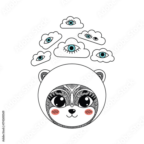Whimsical animal face with decorative patterns and watchful eyes in clouds.
