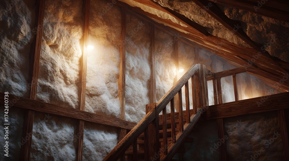 Obraz premium Warm interior of a rustic wooden house under construction featuring illuminated textured walls and a staircase