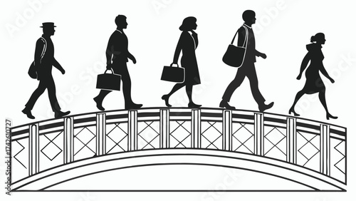 Black vector silhouettes of women walking on a bridge with shopping bags and wearing fashion dresses