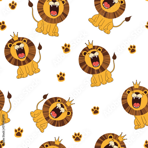 A playful pattern featuring a roaring lion with a crown and paw prints.