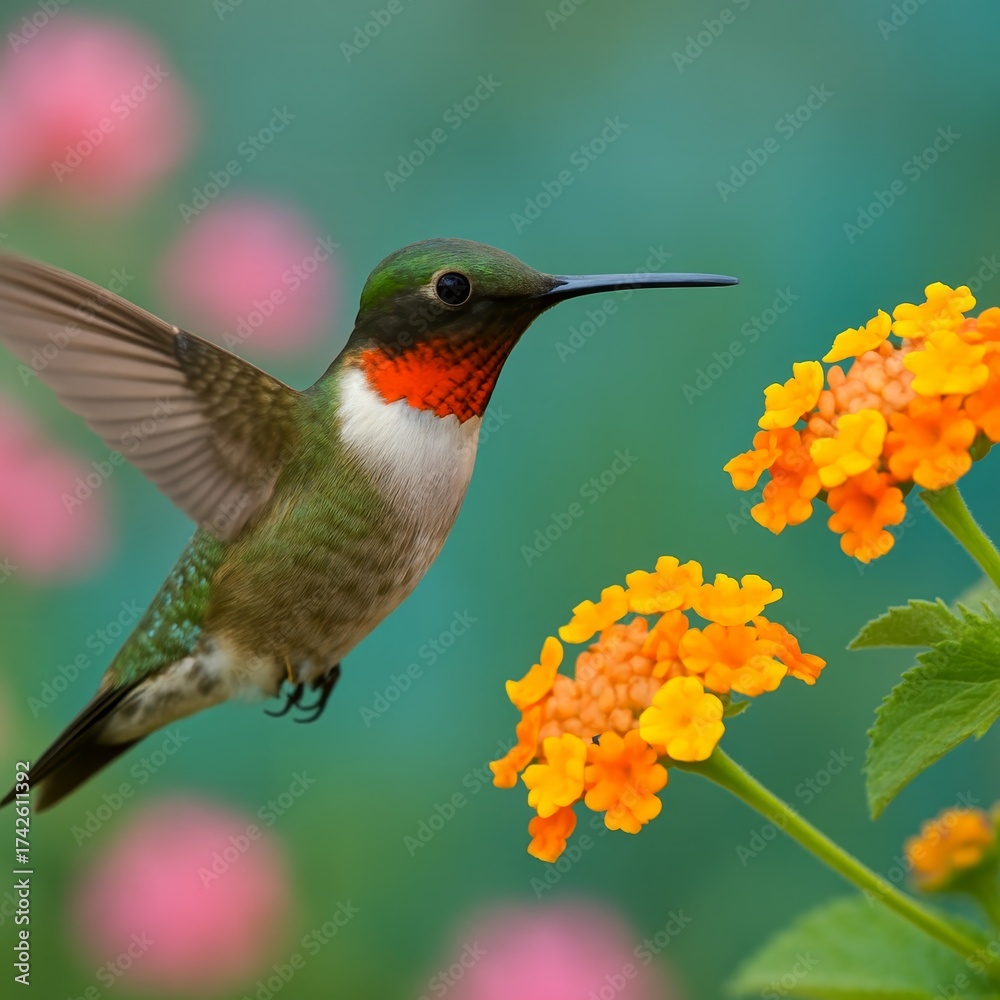Fototapeta premium Hummingbird feeding on bright orange flowers in garden
