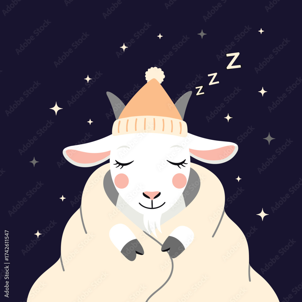 Fototapeta premium A cozy goat sleeps peacefully under a starry night sky wearing a knitted hat.