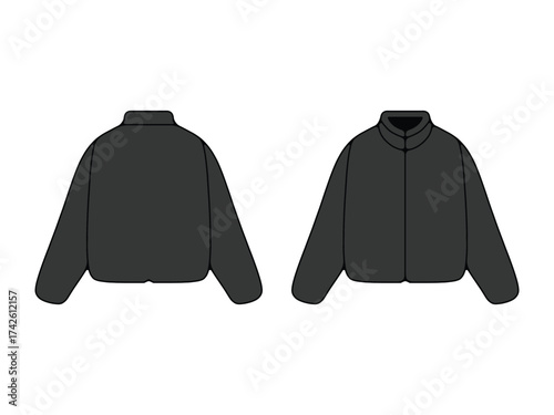 Bomber Jacket Vector Template. Front and Back View. Puffer Jacket Vector Unisex Outerwear Mockup