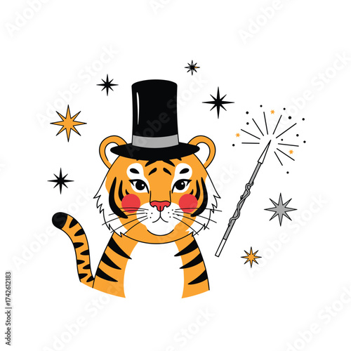 A magical tiger wearing a top hat and holding a wand conjures sparkling stars.