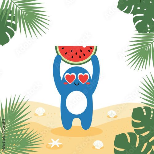 A cute blue character enjoys a slice of watermelon on a sandy beach surrounded by palm leaves and seashells.