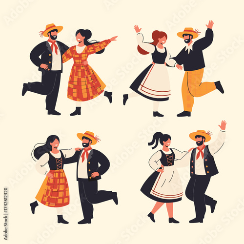 A collection of couples in traditional attire dancing merrily together on a plain background.