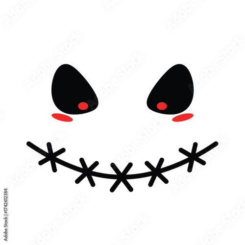 A simple spooky ghost face with stitched mouth and red eyed sockets looking eerily forward.