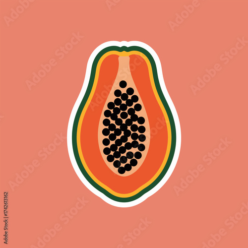 A vibrant stickerstyle illustration showcases a halved papaya, revealing its orange flesh and black seeds, set against a peach background, perfect for tropical fruit themes