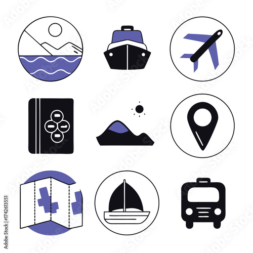 The image features a flat design collection of travel and tourism icons with vector illustrations of common vacation symbols like the sun, beach, car, and hotel