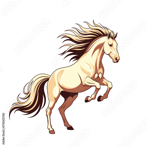 A majestic light brown horse with a flowing mane and tail rears up elegantly against a white background.
